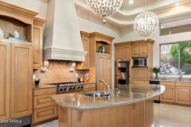6621 N Arizona Biltmore Cir, Phoenix, AZ 85016 - kitchen featuring open shelves, a sink, custom range hood, stainless steel appliances, and a chandelier