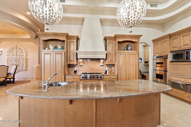 6621 N Arizona Biltmore Cir, Phoenix, AZ 85016 - kitchen featuring open shelves, appliances with stainless steel finishes, a warming drawer, a sink, and custom exhaust hood