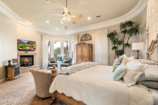 6621 N Arizona Biltmore Cir, Phoenix, AZ 85016 - bedroom featuring ornamental molding, a tile fireplace, access to exterior, recessed lighting, and baseboards