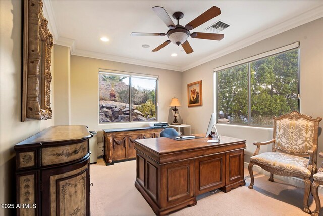 6621 N Arizona Biltmore Cir, Phoenix, AZ 85016 - office space featuring light colored carpet, a ceiling fan, ornamental molding, and recessed lighting