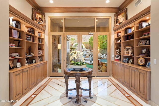 6621 N Arizona Biltmore Cir, Phoenix, AZ 85016 - wine cellar with inlaid floor details, ornamental molding, and recessed lighting