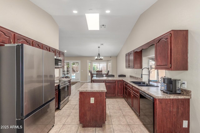 3424 E Harmony Ave, Mesa, AZ 85204 - kitchen featuring appliances with stainless steel finishes, vaulted ceiling, a sink, a center island, and pendant lighting