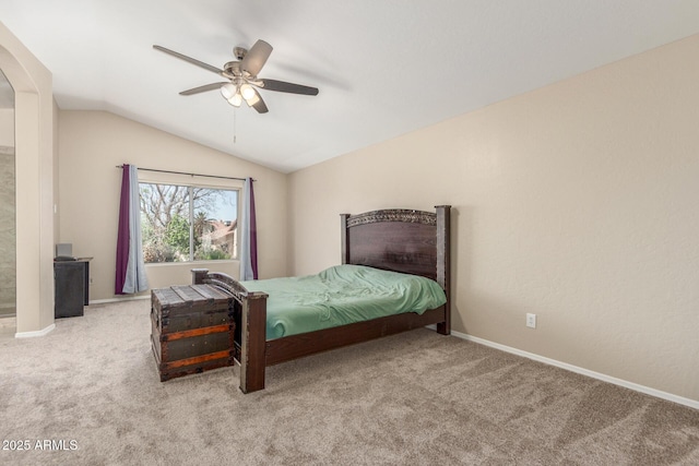 3424 E Harmony Ave, Mesa, AZ 85204 - bedroom featuring carpet, vaulted ceiling, ceiling fan, and baseboards