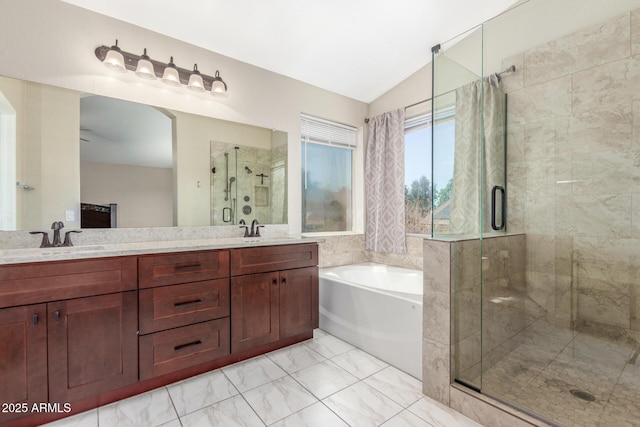 3424 E Harmony Ave, Mesa, AZ 85204 - bathroom with a bath, a stall shower, double vanity, lofted ceiling, and marble finish flooring