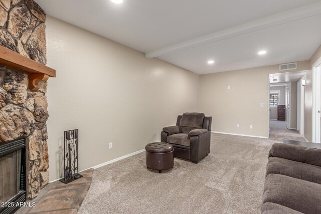3424 E Harmony Ave, Mesa, AZ 85204 - living room featuring carpet, recessed lighting, a stone fireplace, and baseboards