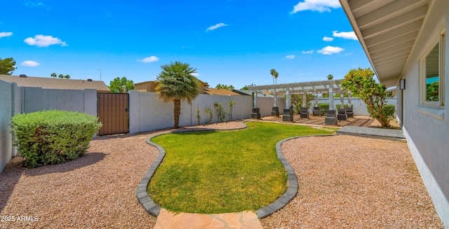 view of yard featuring a fenced backyard, a patio area, a pergola, and a gate