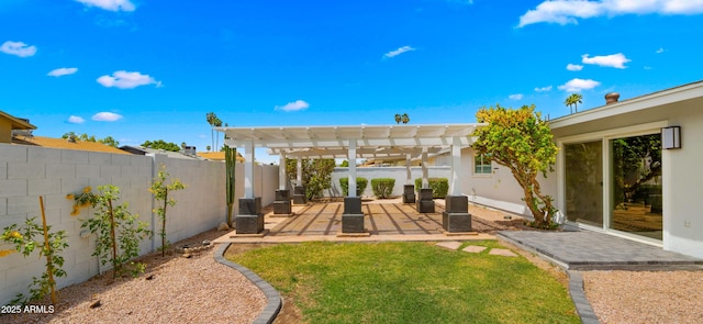 view of yard featuring a patio, a fenced backyard, and a pergola