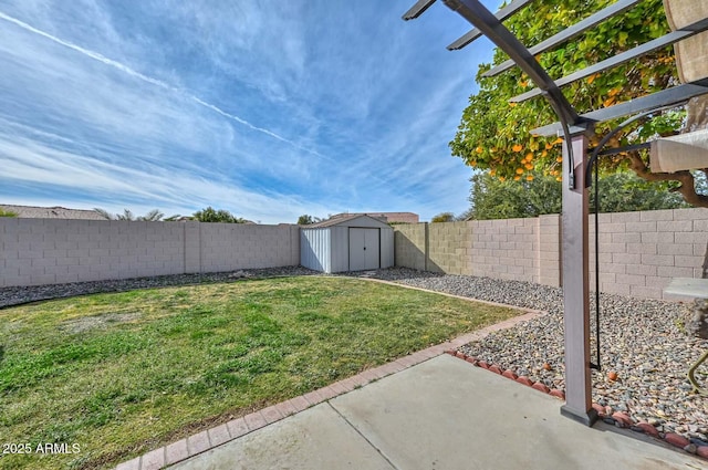 view of yard featuring a storage unit and a patio area