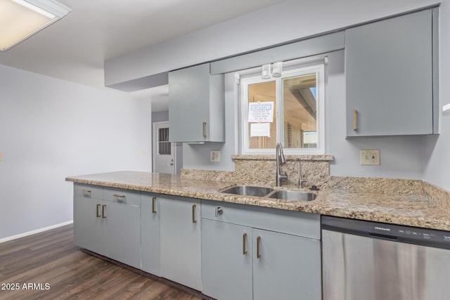10236 N 105th Dr, Sun City, AZ 85351 - kitchen with stainless steel dishwasher, a sink, gray cabinetry, and dark wood-style flooring
