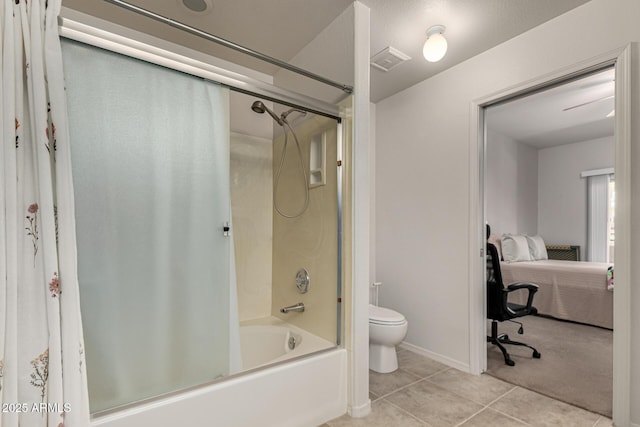 full bathroom with visible vents, toilet, shower / bath combo with shower curtain, tile patterned floors, and ensuite bath