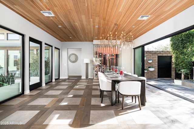 dining room featuring visible vents, recessed lighting, wood ceiling, and baseboards