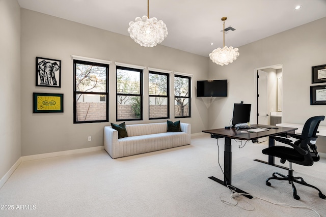 home office featuring an inviting chandelier, baseboards, visible vents, and carpet floors