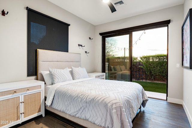 bedroom with access to exterior, visible vents, baseboards, dark wood-style floors, and a ceiling fan