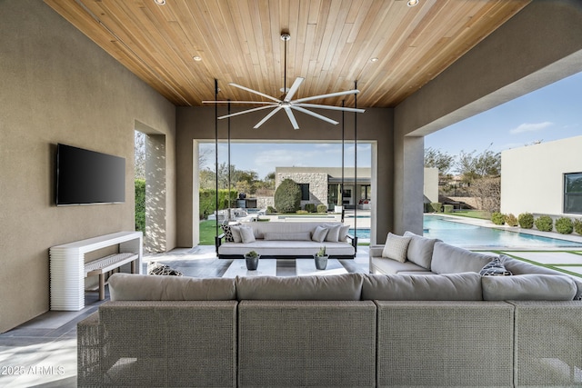 exterior space featuring recessed lighting and wood ceiling