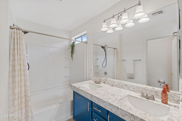 bathroom with a sink, visible vents, shower / bathtub combination with curtain, and double vanity