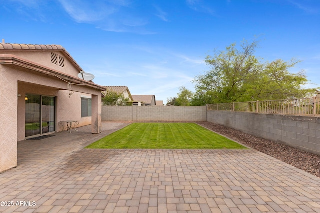view of yard with a patio and a fenced backyard