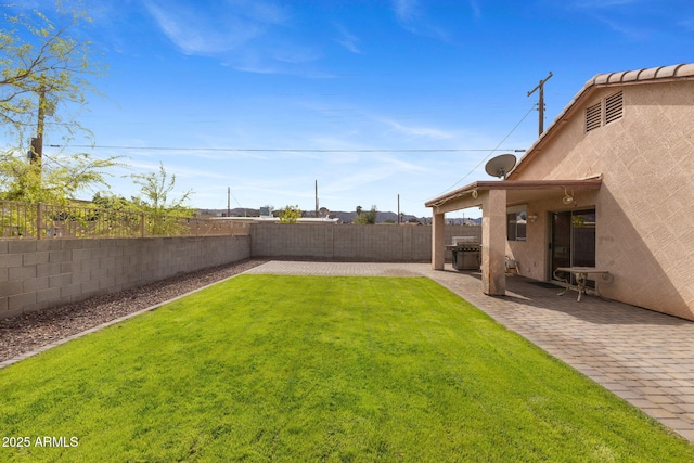 view of yard with a fenced backyard and a patio
