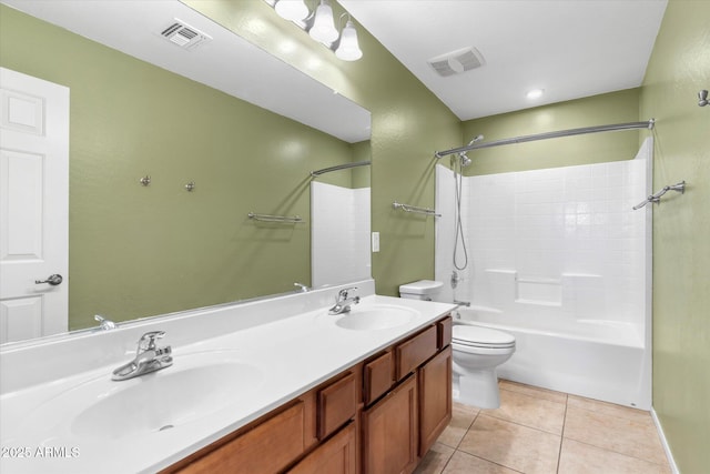 full bathroom with shower / bathtub combination, vanity, toilet, and tile patterned flooring