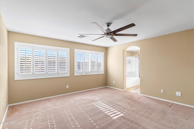 carpeted spare room with a wealth of natural light and ceiling fan