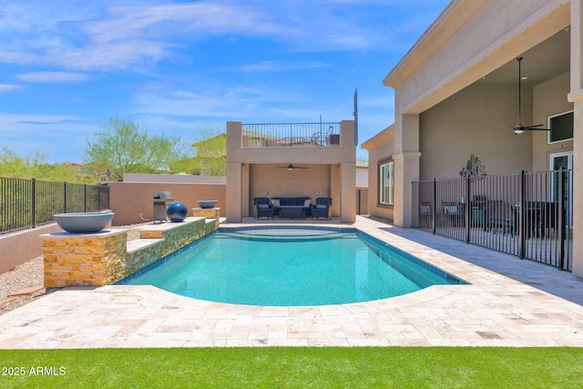 29067 N 71st Ave, Peoria, AZ 85383 - view of swimming pool featuring ceiling fan, a patio, a fenced backyard, and an outdoor hangout area