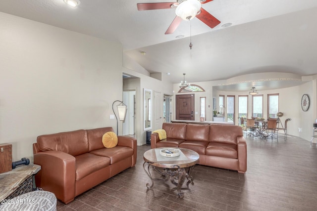 living room with lofted ceiling and ceiling fan