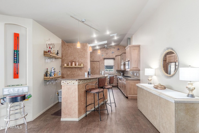 kitchen with backsplash, light brown cabinets, dark hardwood / wood-style floors, and a breakfast bar