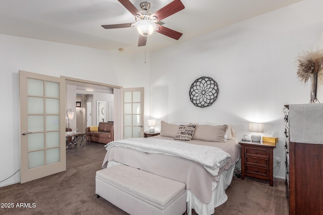 bedroom with ceiling fan, carpet, and french doors