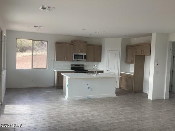 kitchen with sink, an island with sink, stainless steel appliances, light hardwood / wood-style floors, and decorative backsplash