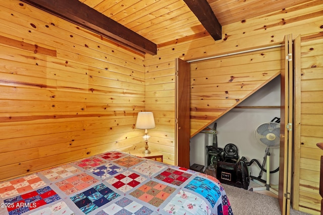 246 E Acorn Ln, Payson, AZ 85541 - bedroom with carpet floors, wood walls, and a wood ceiling with exposed beams
