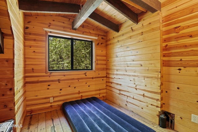 246 E Acorn Ln, Payson, AZ 85541 - unfurnished bedroom with a sauna / steam room, wooden walls, wooden ceiling, and wood-type flooring