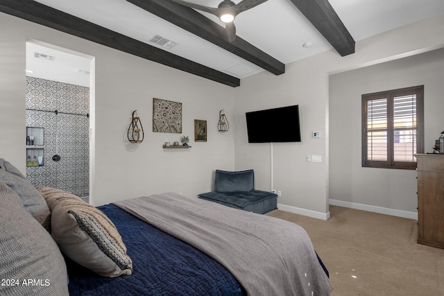 bedroom with light colored carpet, beam ceiling, and ceiling fan