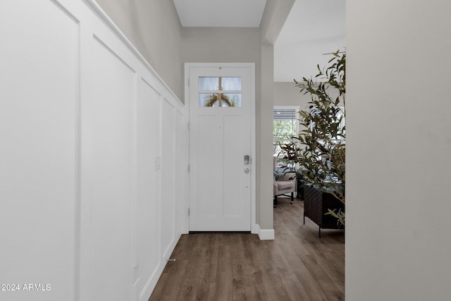 entryway with wood-type flooring