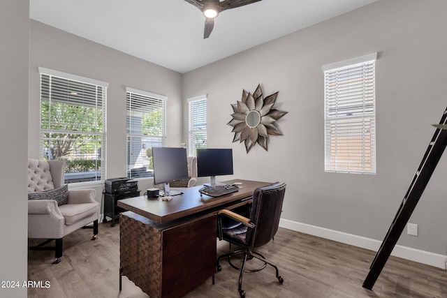 office area with a wealth of natural light, light wood-type flooring, and ceiling fan