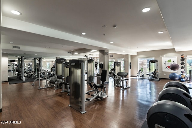 exercise room with wood-type flooring