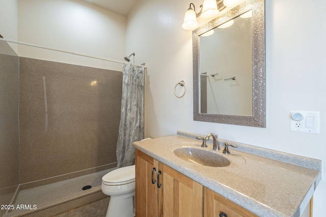 full bathroom featuring toilet, tile patterned flooring, vanity, and a shower with shower curtain
