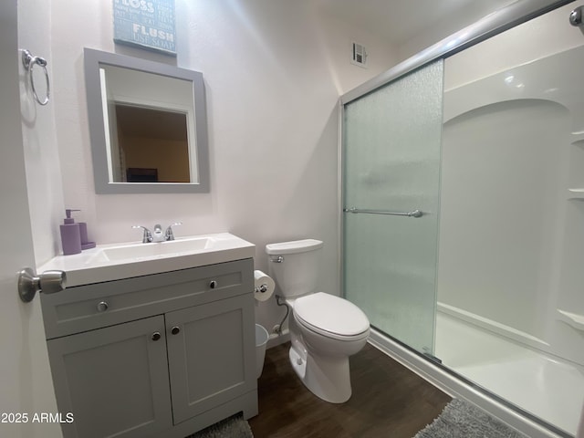 903 W Jacinto Cir, Mesa, AZ 85210 - bathroom featuring a shower stall, wood finished floors, and vanity