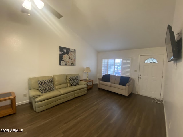 903 W Jacinto Cir, Mesa, AZ 85210 - living area featuring wood finished floors, vaulted ceiling, and a ceiling fan