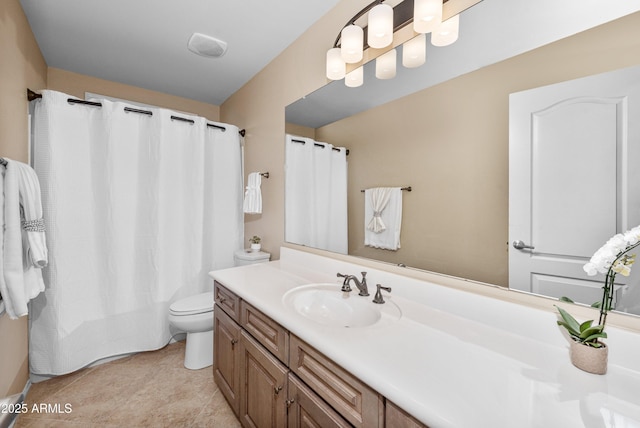 bathroom featuring vanity, tile patterned floors, toilet, and a shower with shower curtain