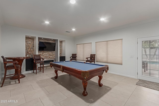 recreation room featuring ornamental molding, pool table, visible vents, and light tile patterned floors