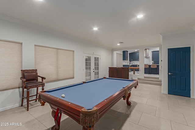 game room with recessed lighting, french doors, pool table, and crown molding