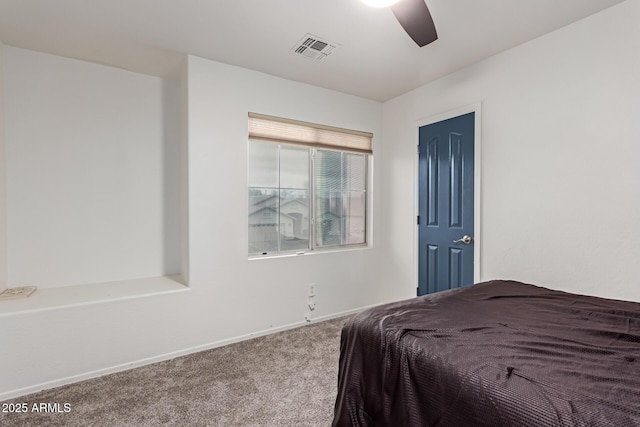 bedroom featuring carpet, visible vents, ceiling fan, and baseboards