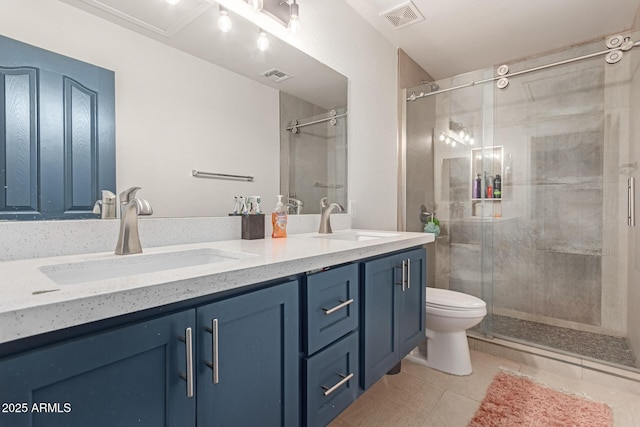 bathroom with a sink, visible vents, and a shower stall