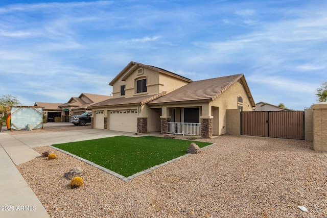 view of front of property featuring stucco siding, concrete driveway, a gate, a garage, and stone siding