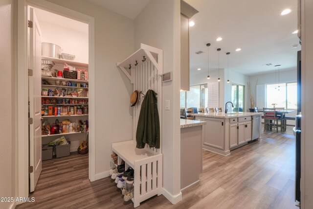 interior space featuring light wood-style flooring, visible vents, a sink, and recessed lighting