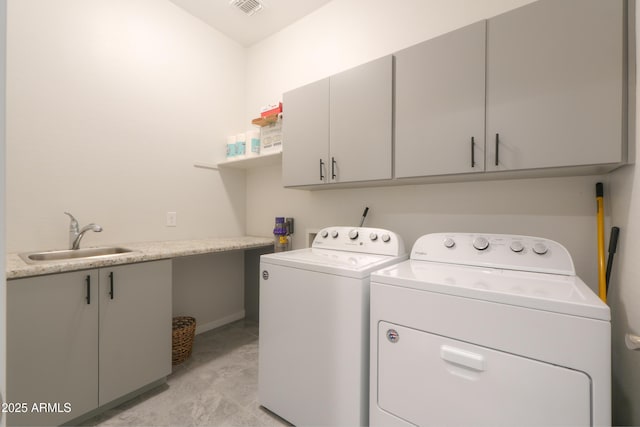 laundry area featuring cabinet space, visible vents, a sink, and independent washer and dryer