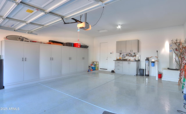 garage featuring a garage door opener and water heater