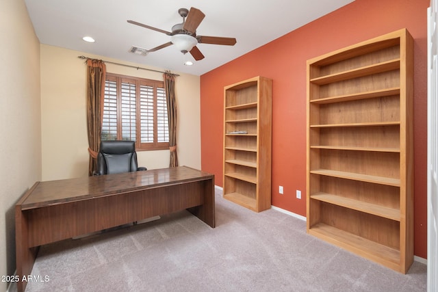 unfurnished office with carpet flooring, recessed lighting, visible vents, and ceiling fan