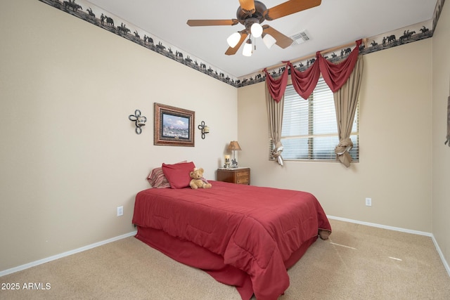 bedroom featuring visible vents, baseboards, a ceiling fan, and carpet flooring