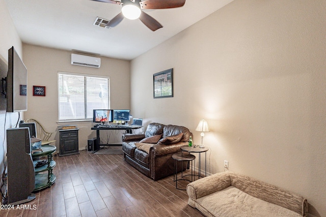 living room featuring dark wood-type flooring, ceiling fan, and a wall mounted air conditioner