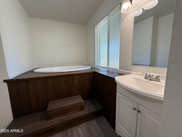 bathroom featuring a bath, wood finished floors, and vanity